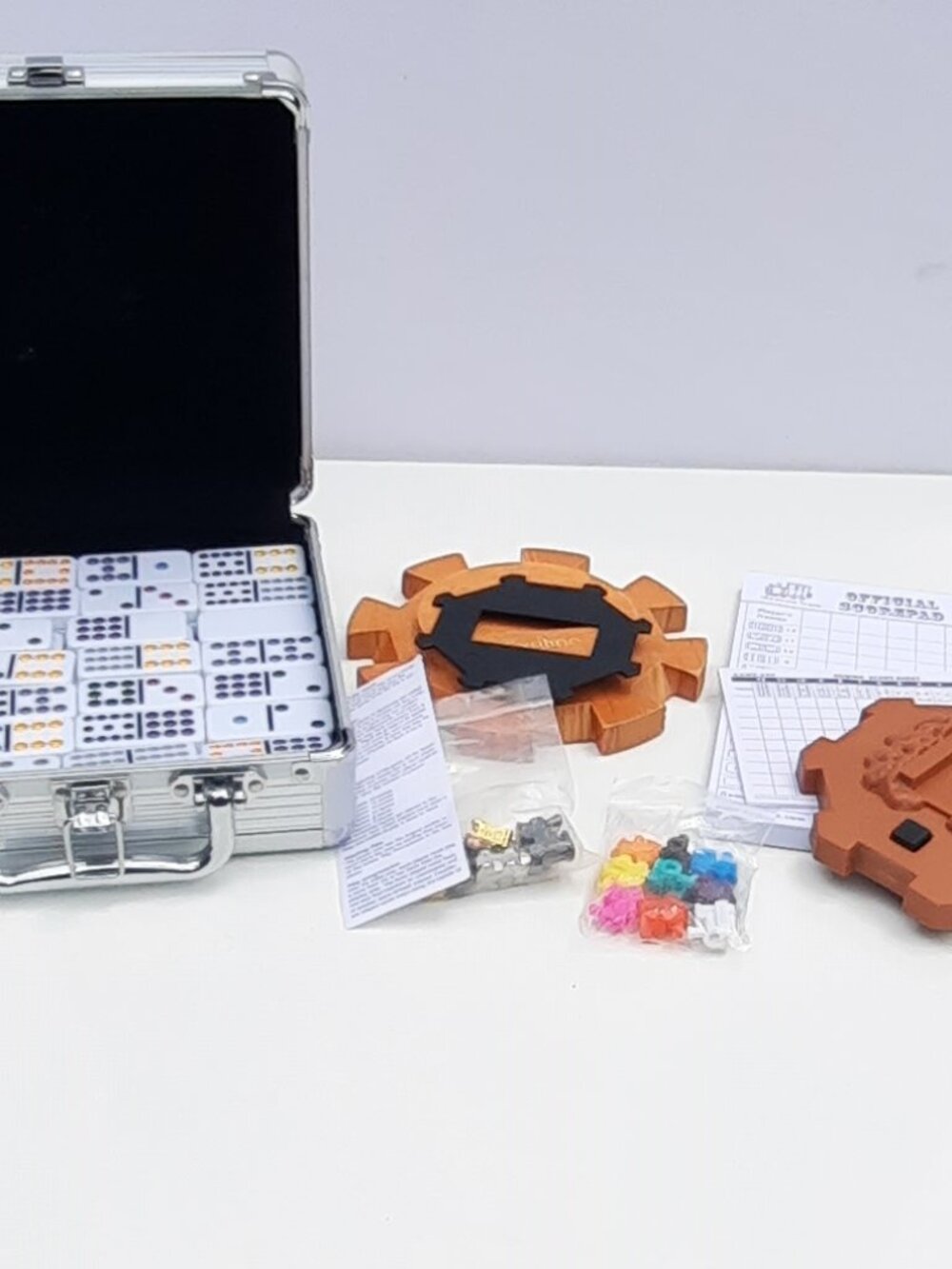 Mexican Train Domino Game Set Double 12 Dominoes Aluminum Case Complete W Extras